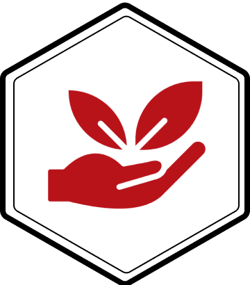 Red hand holding two red leaves.